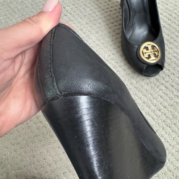 Tory Burch Black Wedge Heels with Gold Emblem - Picture 12 of 13